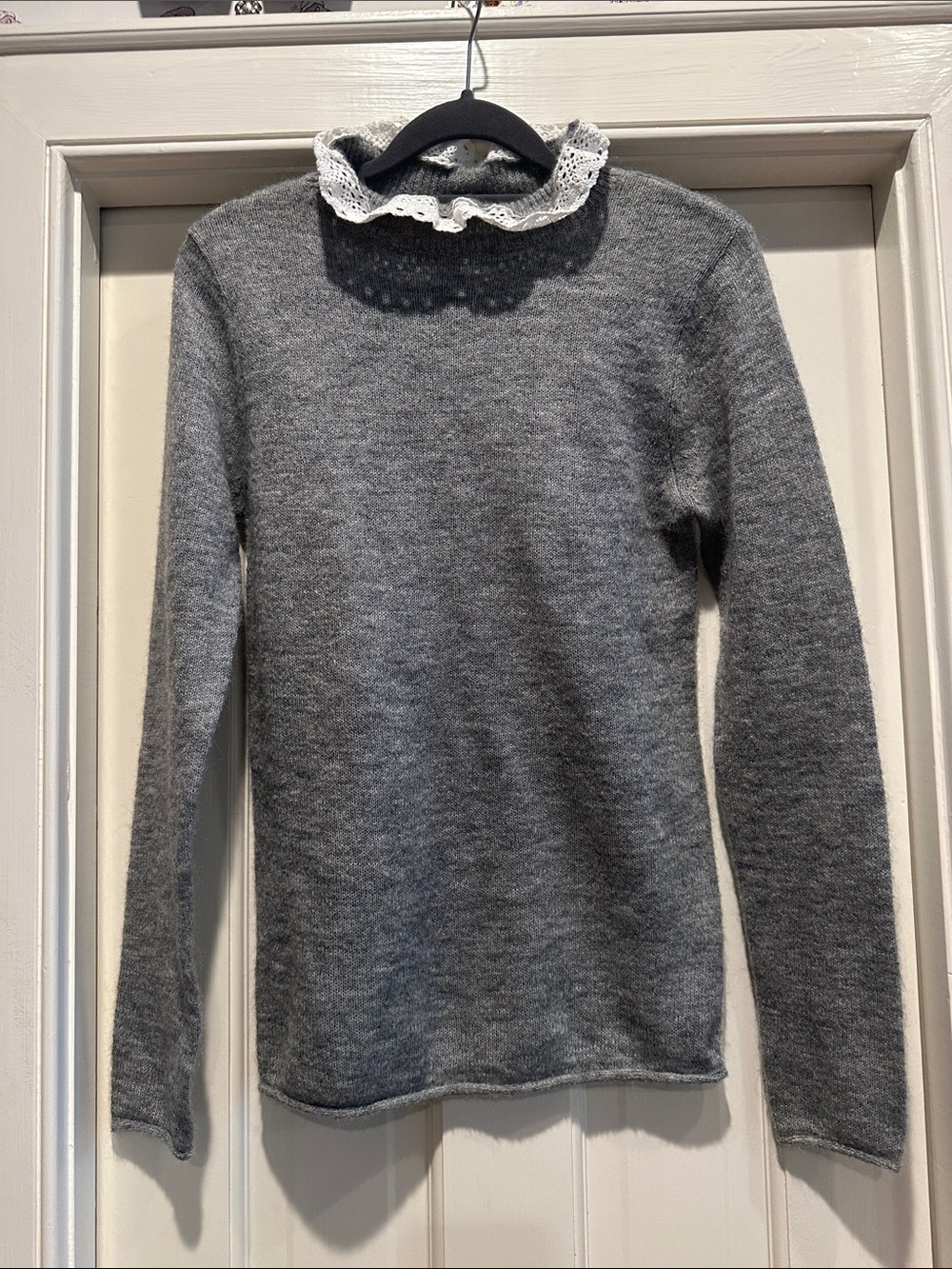 ASOS Gray Knit Sweater with White Lace Ruffle Collar